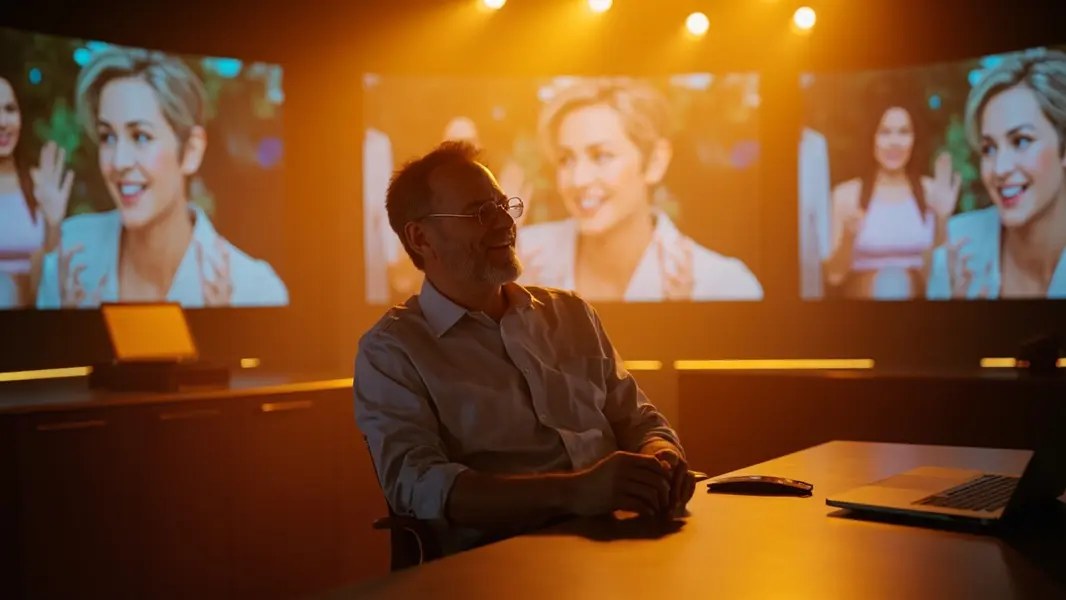 Phòng điều khiển AI livestream với các màn hình hologram hiển thị người dẫn chương trình ảo