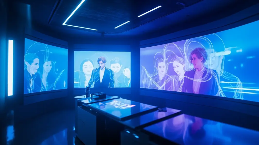 Phòng điều khiển AI livestream với các màn hình hologram hiển thị người dẫn chương trình ảo