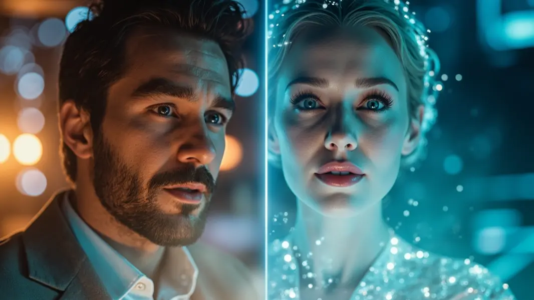 Phòng điều khiển AI livestream với các màn hình hologram hiển thị người dẫn chương trình ảo