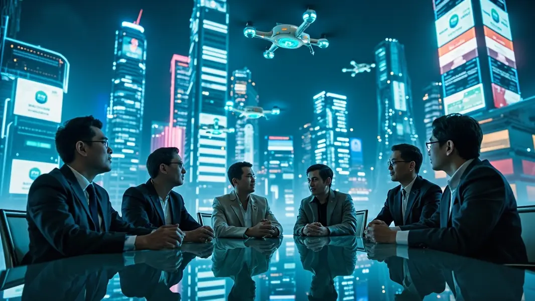 Thành phố tương lai với robot và drone AI, thể hiện cạnh tranh công nghệ Mỹ-Trung, lãnh đạo doanh nghiệp Việt Nam thảo luận chiến lược ở tiền cảnh
