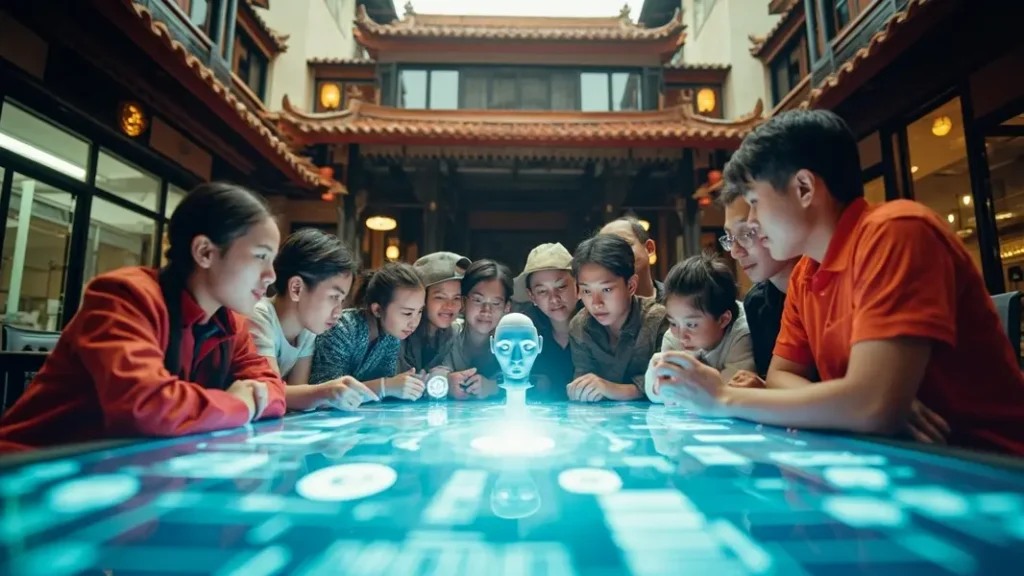 Nhóm chủ doanh nghiệp và nhân viên SME Việt Nam xem màn hình hologram hiển thị các ứng dụng AI trong bối cảnh kết hợp giữa kiến trúc truyền thống và văn phòng hiện đại