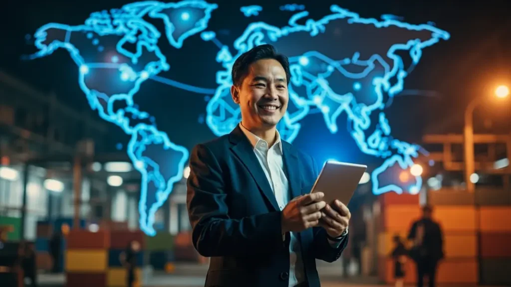 Chủ doanh nghiệp Việt Nam với tablet AI Pandora trước bản đồ thế giới, nhà máy và container vận chuyển