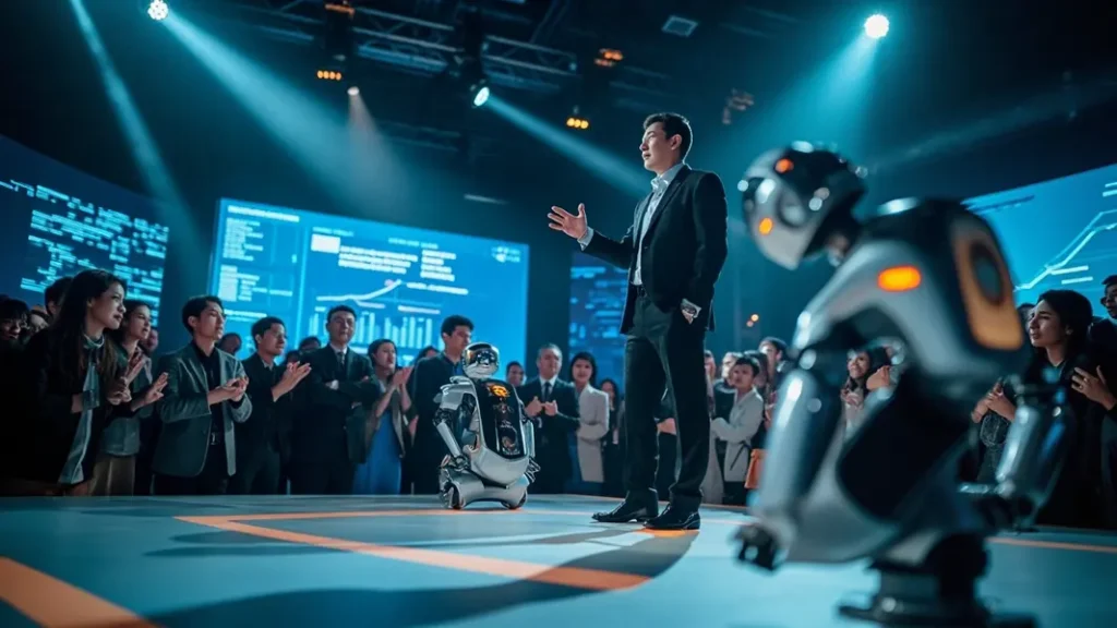 Doanh nhân Việt Nam giới thiệu sản phẩm thương hiệu cho khách hàng quốc tế, với robot sản xuất AI hiện đại trong nền