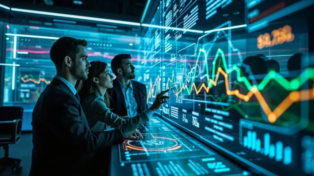 Futuristic marketing team using AI-powered holographic displays for campaign analysis