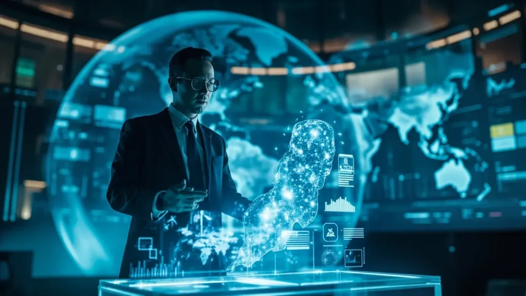 Doanh nhân tương tác với trợ lý AI hologram, phân tích dữ liệu khách hàng toàn cầu trong văn phòng hiện đại