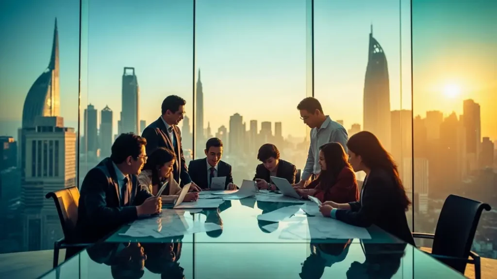 Cảnh quan đô thị hiện đại Việt Nam với các chuyên gia trẻ thảo luận chiến lược kinh doanh