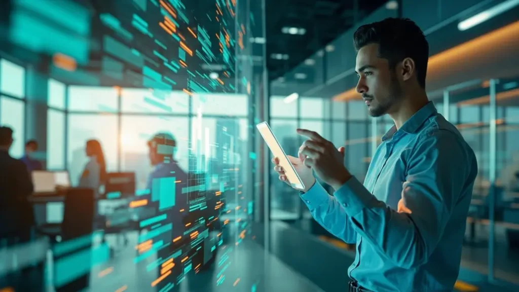 Futuristic office with AI agents represented as holograms working alongside human employees, surrounded by data visualizations
