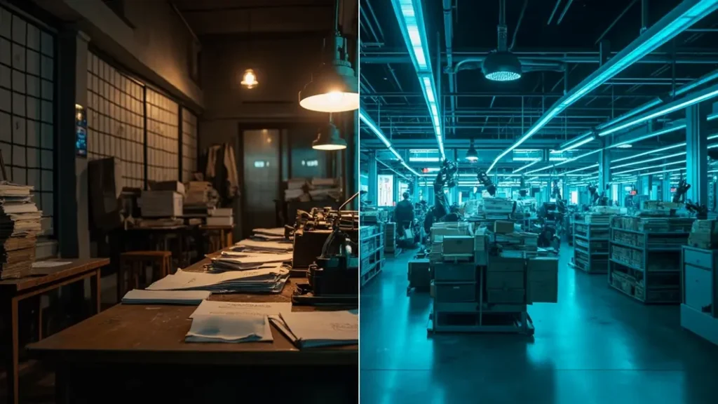 Hình ảnh so sánh văn phòng hải quan truyền thống với trung tâm logistics hiện đại sử dụng AI