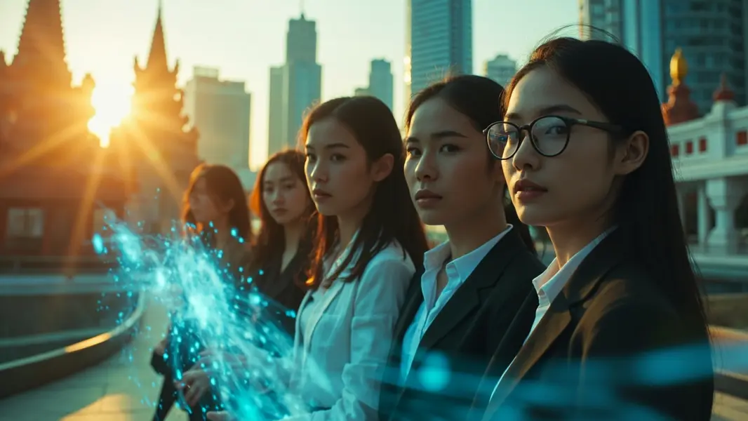 Nhóm chuyên gia trẻ Việt Nam tương tác với giao diện AI hologram trước cảnh thành phố tương lai kết hợp kiến trúc truyền thống và hiện đại