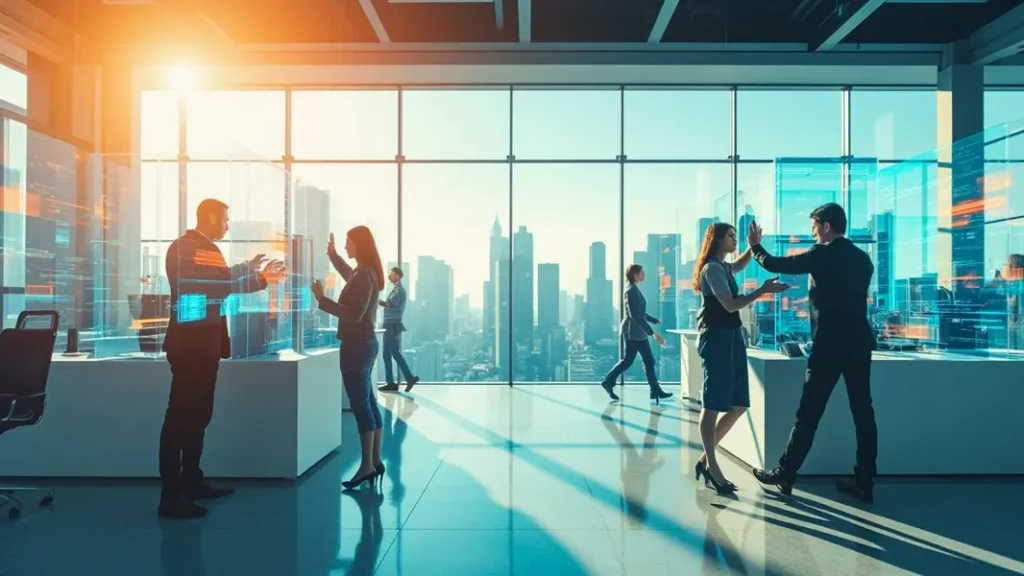 Futuristic office showcasing seamless integration of AI agents and human workers