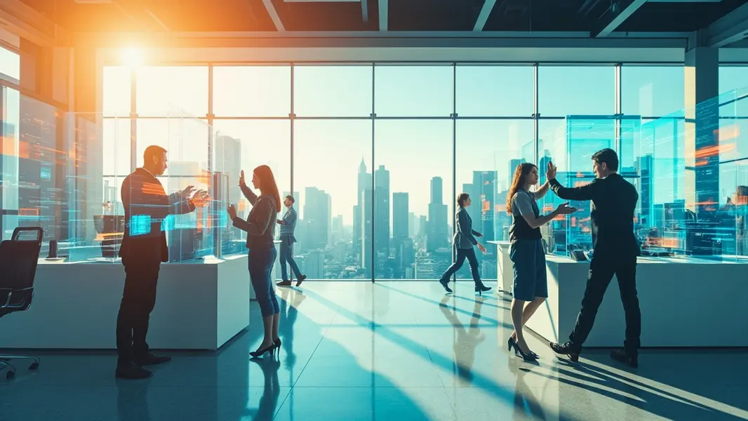 Futuristic office showcasing seamless integration of AI agents and human workers