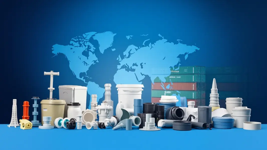 Trưng bày các sản phẩm nhựa xuất khẩu Việt Nam bao gồm bao bì, đồ gia dụng và linh kiện công nghiệp trên nền bản đồ thế giới và container xuất khẩu