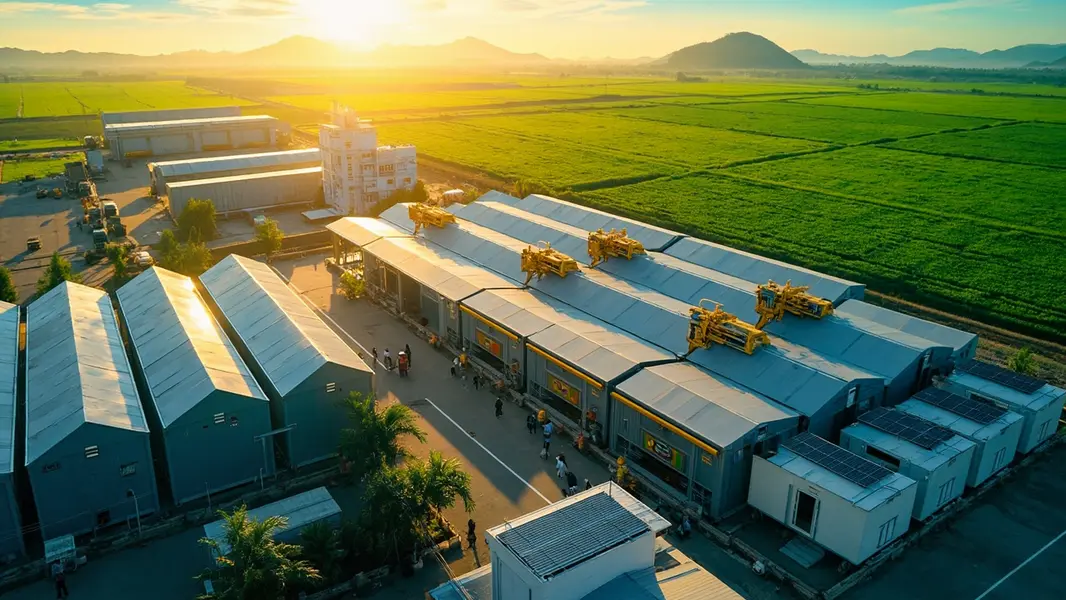 Cơ sở xuất khẩu nông sản Việt Nam hiện đại với container vận chuyển, thiết bị nông nghiệp thông minh và người lao động sử dụng thiết bị số để kiểm soát chất lượng sản phẩm