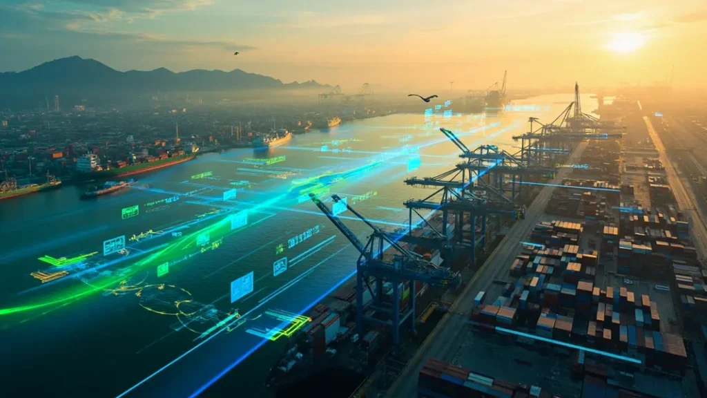 Futuristic visualization of a Vietnamese port with AI-driven trade insights and optimizations