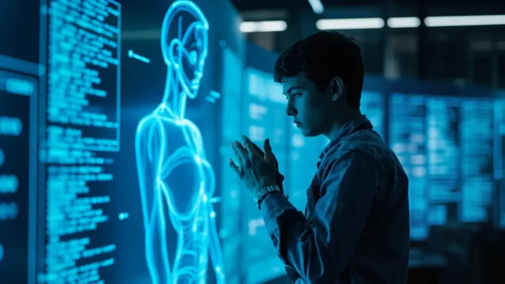Người trẻ tương tác với hologram trợ lý AI trong môi trường công nghệ cao
